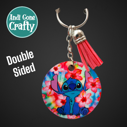 Double Sided Key Chain -2 in Circle - Style Blue Alien - Character