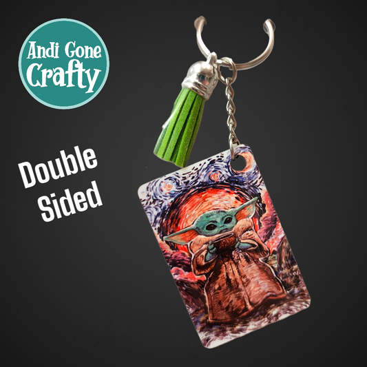 Double Sided Key Chain -1.5 x 2 in Rectangle - Style Vangogh Baby Yoda - Character