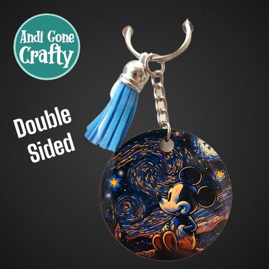 Double Sided Key Chain -2 in Circle - Style Mickey Vangogh Stary Night - Character