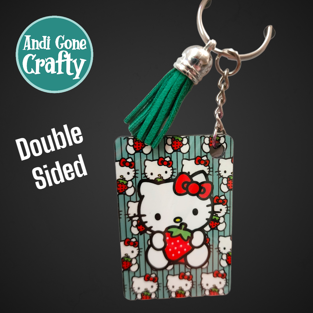 Double Sided Key Chain -1.5 x 2 in Rectangle - Style Teal Strawberry Hello Kitty - Character