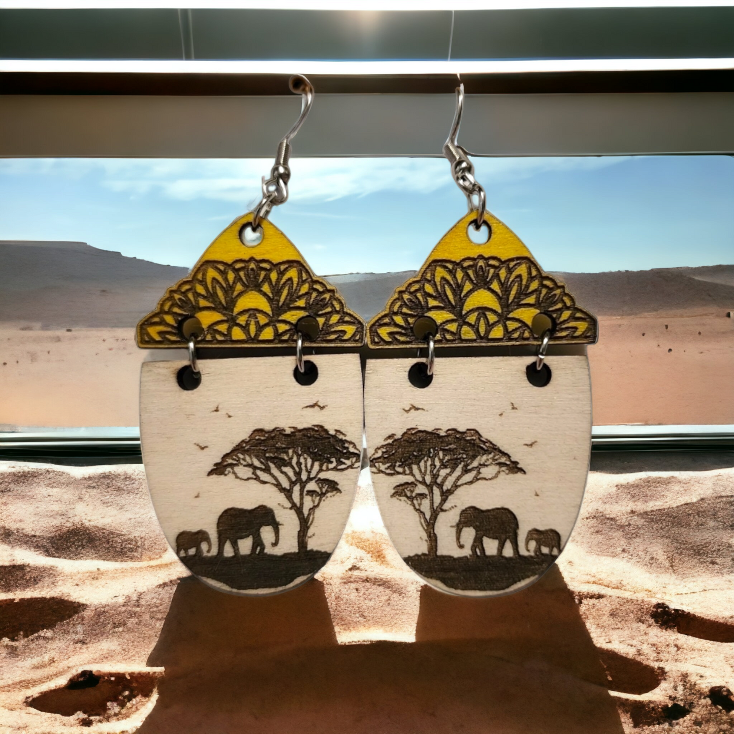 African Elephants Animal Dangle Earring Stainless Steel Hooks