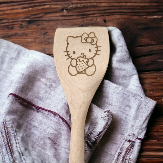 Engraved Wood Cooking Spoons - Character - Hello Kitty Holding Strawberry