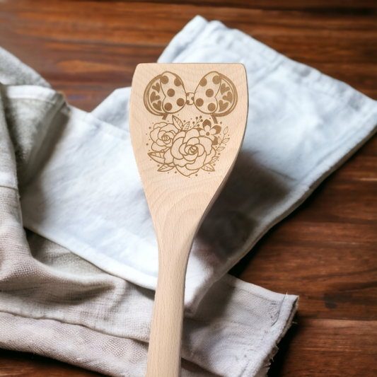 Cucharas de Cocina de Madera Grabadas - Personaje - Minnie con Lazo de Lunares y Rosas