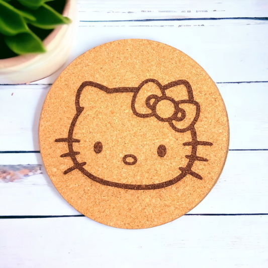 Hello Kitty Head - Character - 7 inch Engraved Cork Trivets, Heat Pad, Coaster