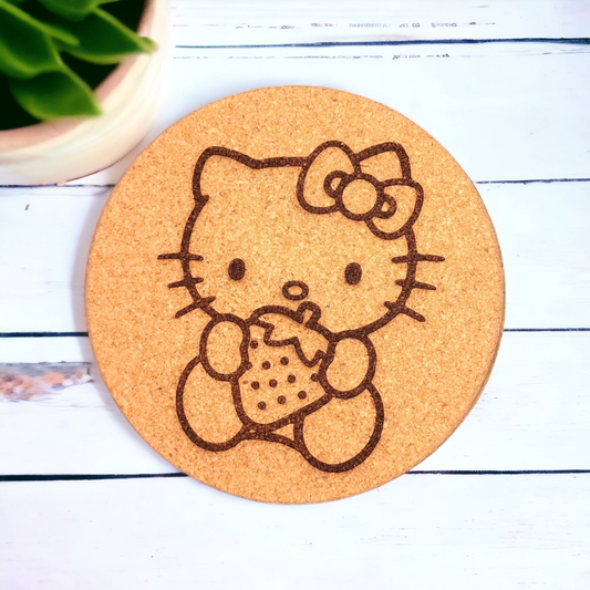 Hello Kitty Holding Strawberry - Character - 7 in Engraved Cork Trivets, Heat Pad, Coaster