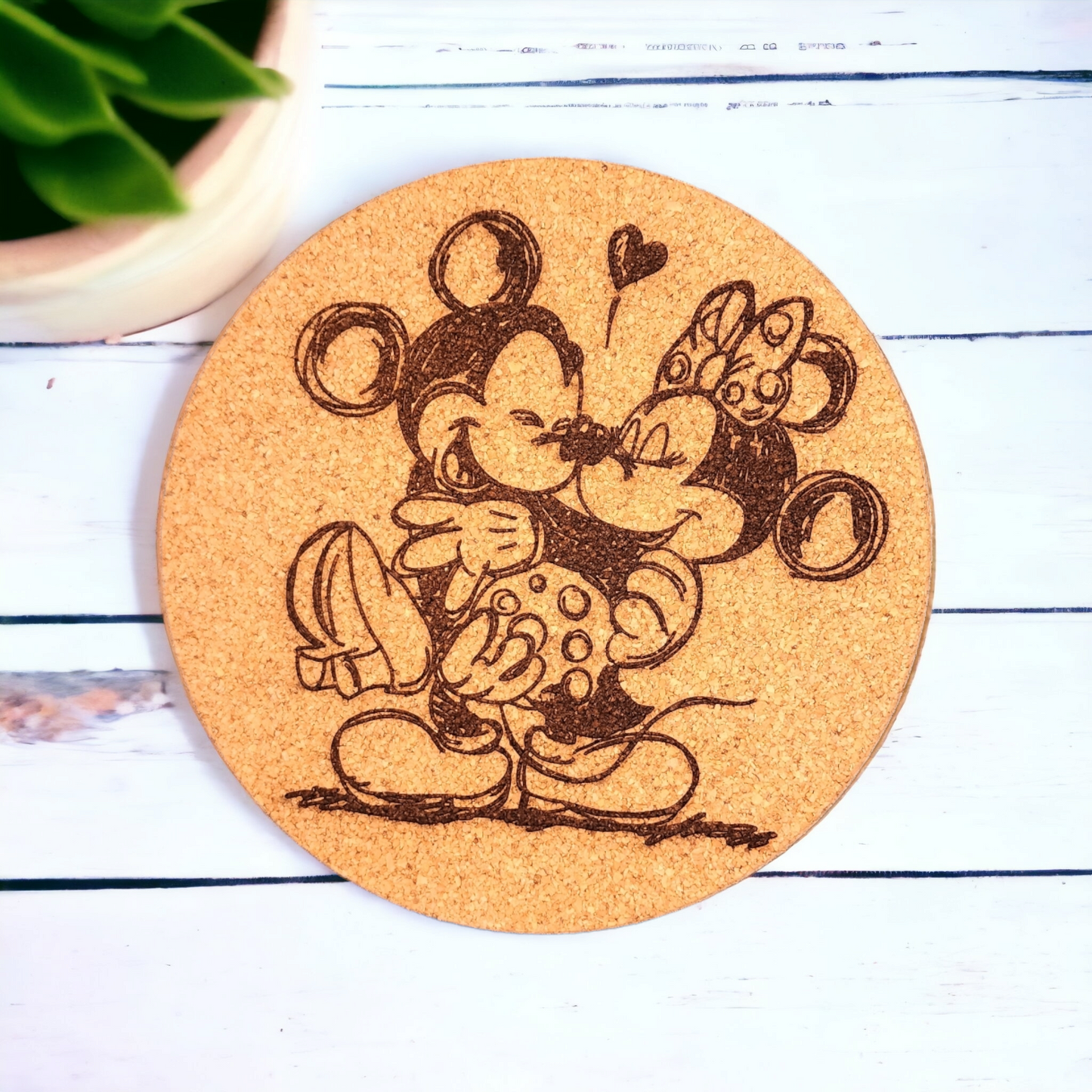 Mickey Holding Minnie - Character - 7 inch Engraved Cork Trivets, Heat Pad, Coaster