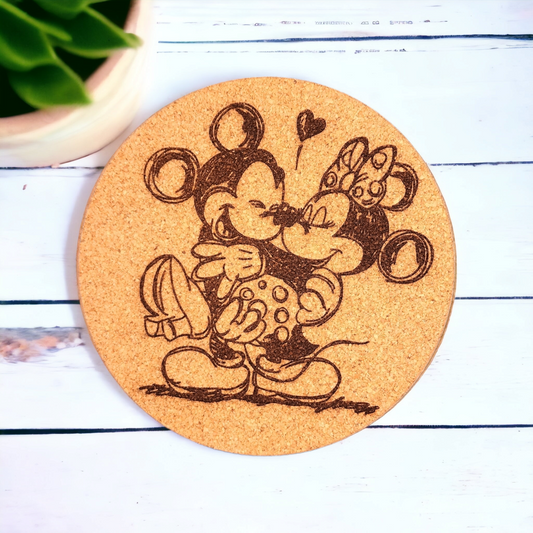 Mickey Holding Minnie - Character - 7 inch Engraved Cork Trivets, Heat Pad, Coaster