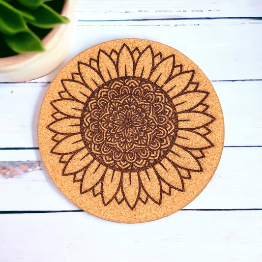 Sunflower Mandala - 7 inch Engraved Cork Trivets, Heat Pad, Coaster