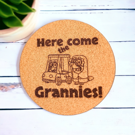 Bluey - "Here come the Grannies" - Character - 7 inch - Engraved Cork Trivets, Heat Pad, Coaster
