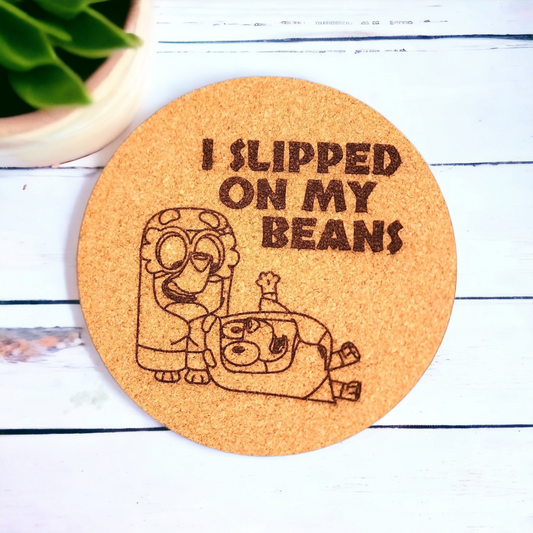 Bluey - "I slipped on my beans" - Character - 7 inch Engraved Cork Trivets, Heat Pad, Coaster