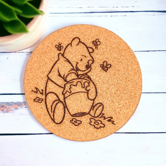 Pooh with Honey - Character - 7 inch Engraved Cork Trivets, Heat Pad, Coaster
