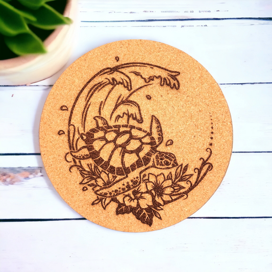 Sea Turtle with Wave - Tropical Nature - 7 inch Engraved Cork Trivets, Heat Pad, Coaster