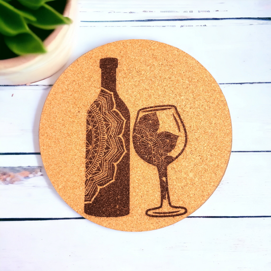 Wine & Glass - 7 inch Engraved Cork Trivets, Heat Pad, Coaster