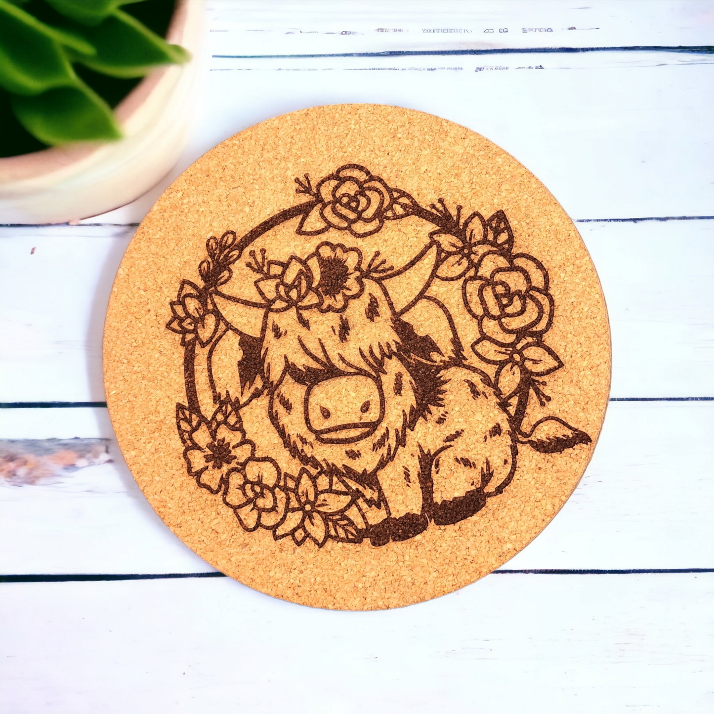 Cute Highland Cow - Farm Animal - 7 inch Engraved Cork Trivets, Heat Pad, Coaster