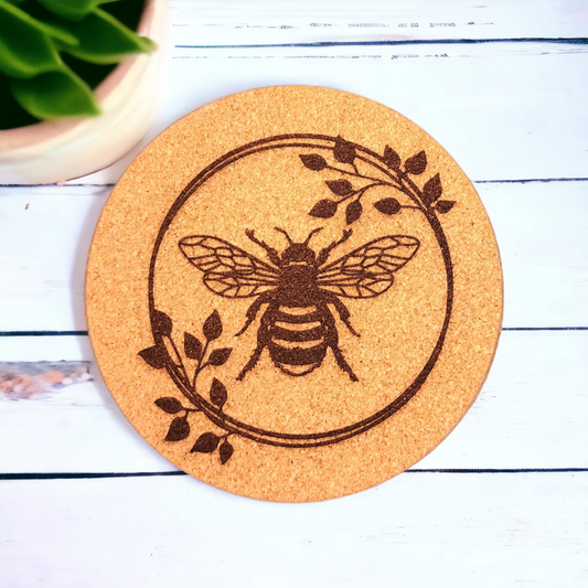 Circle Bee - 7 inch Engraved Cork Trivets, Heat Pad, Coaster