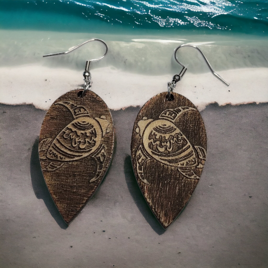 Sea Turtle Reverse Engrave Tropical Nature  Dangle Earring Stainless Steel Hooks