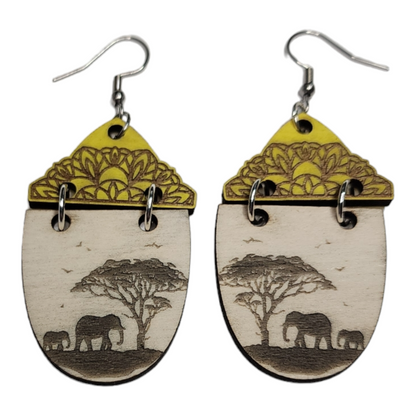 African Elephants Animal Dangle Earring Stainless Steel Hooks