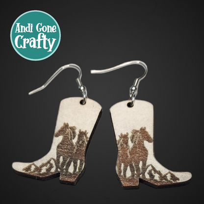 Cowboy Shoe w/Horses Farm Dangle Earring Stainless Steel Hooks