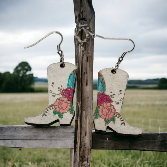 Cowboy Shoes w/Feather Farm Dangle Earring Stainless Steel Hooks