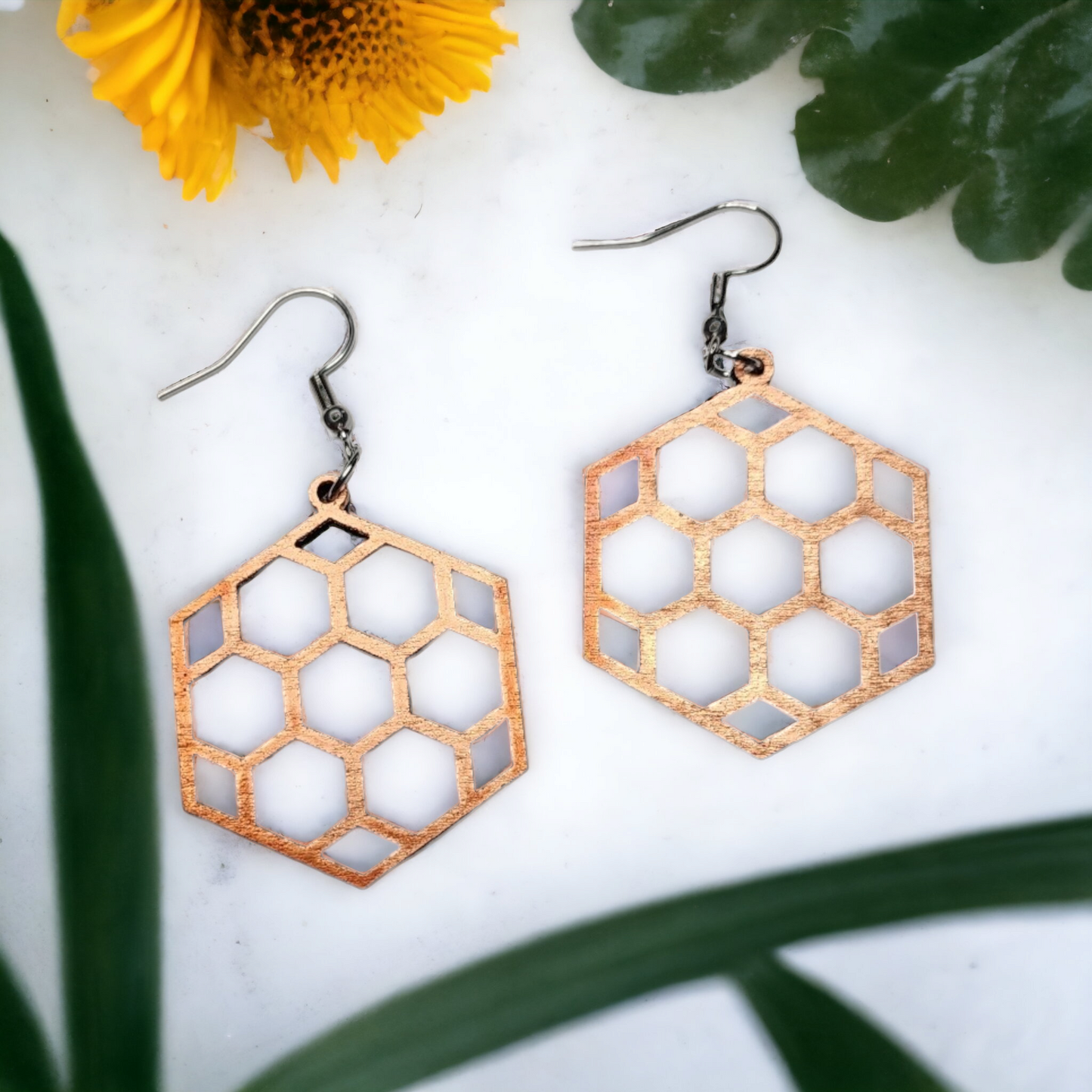 Bee Honey Comb Dangle Earring Stainless Steel Hooks