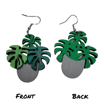 Monstera Pot Tropical Nature Dangle Earring Stainless Steel Hooks