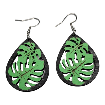 Pendientes colgantes de naturaleza tropical con forma de lágrima de Monstera, ganchos de acero inoxidable