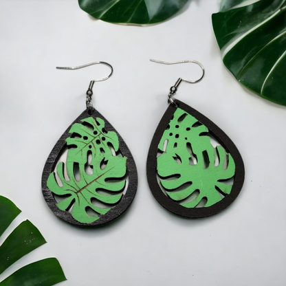 Pendientes colgantes de naturaleza tropical con forma de lágrima de Monstera, ganchos de acero inoxidable