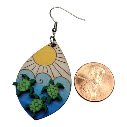 Sea Turtles Sun Tropical Nature Dangle Earring Stainless Steel Hooks