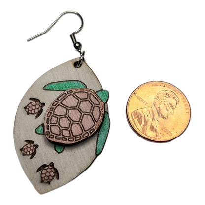 Sea Turtle with Baby's Tropical Nature Dangle Earring Stainless Steel Hooks