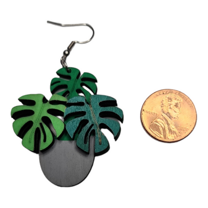 Monstera Pot Tropical Nature Dangle Earring Stainless Steel Hooks