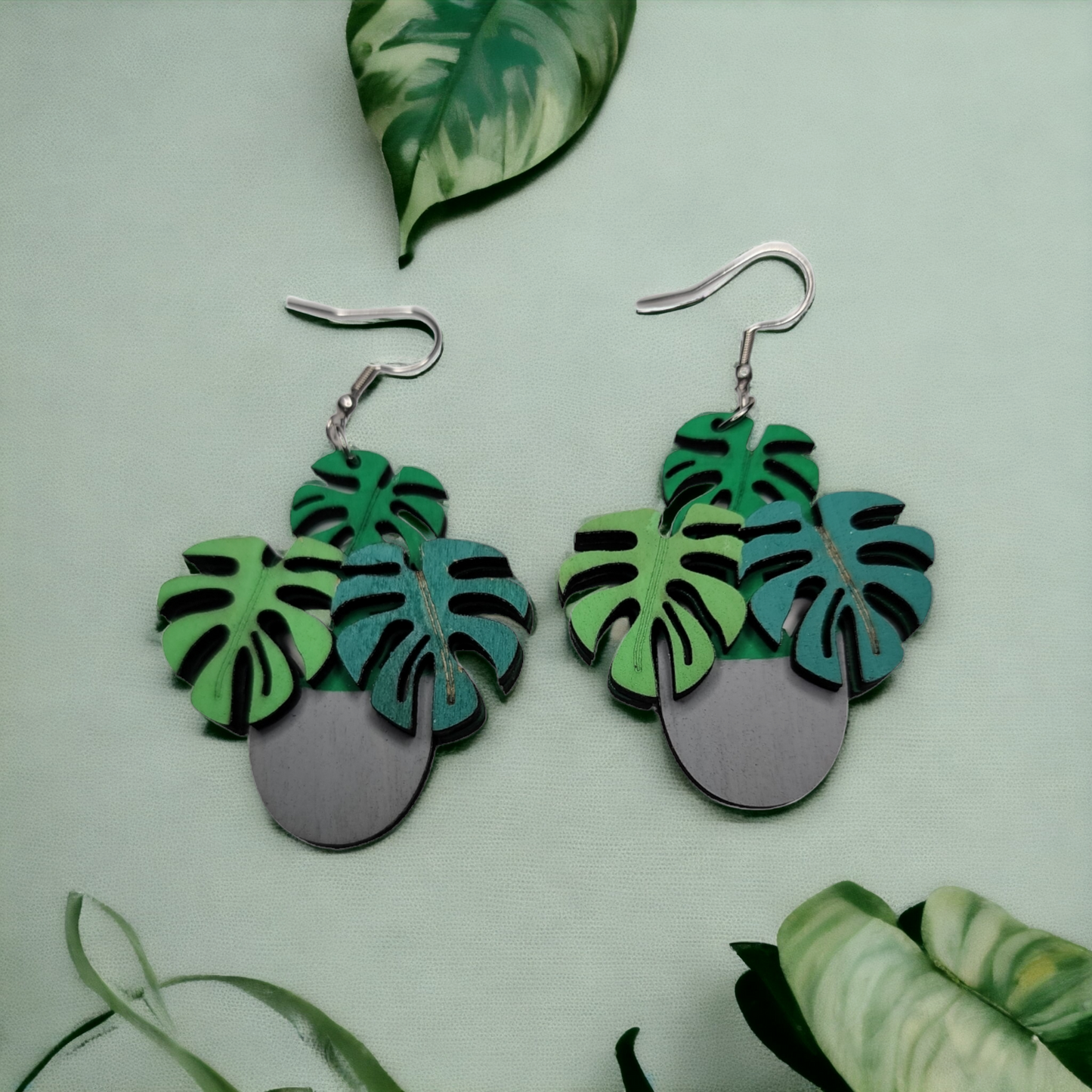 Monstera Pot Tropical Nature - Pendientes colgantes con ganchos de acero inoxidable