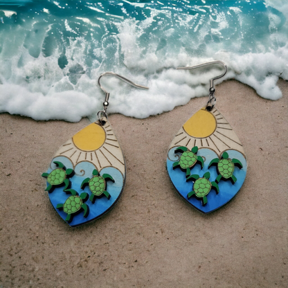 Pendientes colgantes con ganchos de acero inoxidable, diseño de tortugas marinas, sol, naturaleza tropical