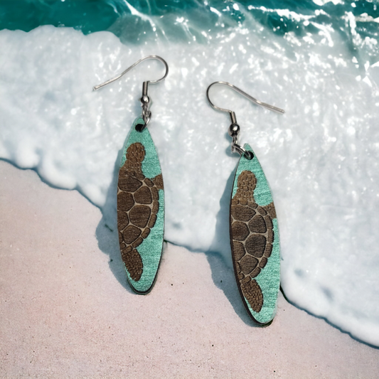Sea Turtle Surf Board Tropical Nature Dangle Earring Stainless Steel Hooks