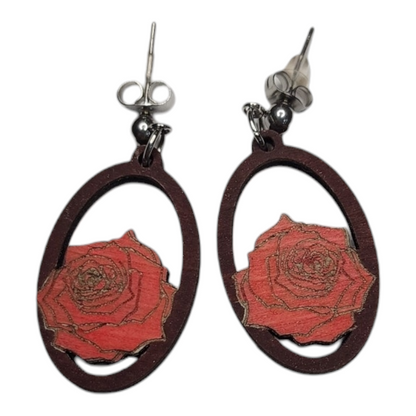Rose Flower Oval Dangle Earring Stainless Steel Hooks