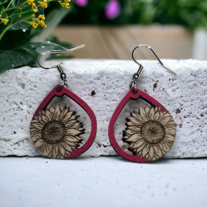 Sunflower Teardrop Dangle Earring Stainless Steel Hooks