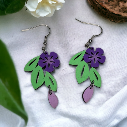 Purple Flower Dangle Earring Stainless Steel Hooks