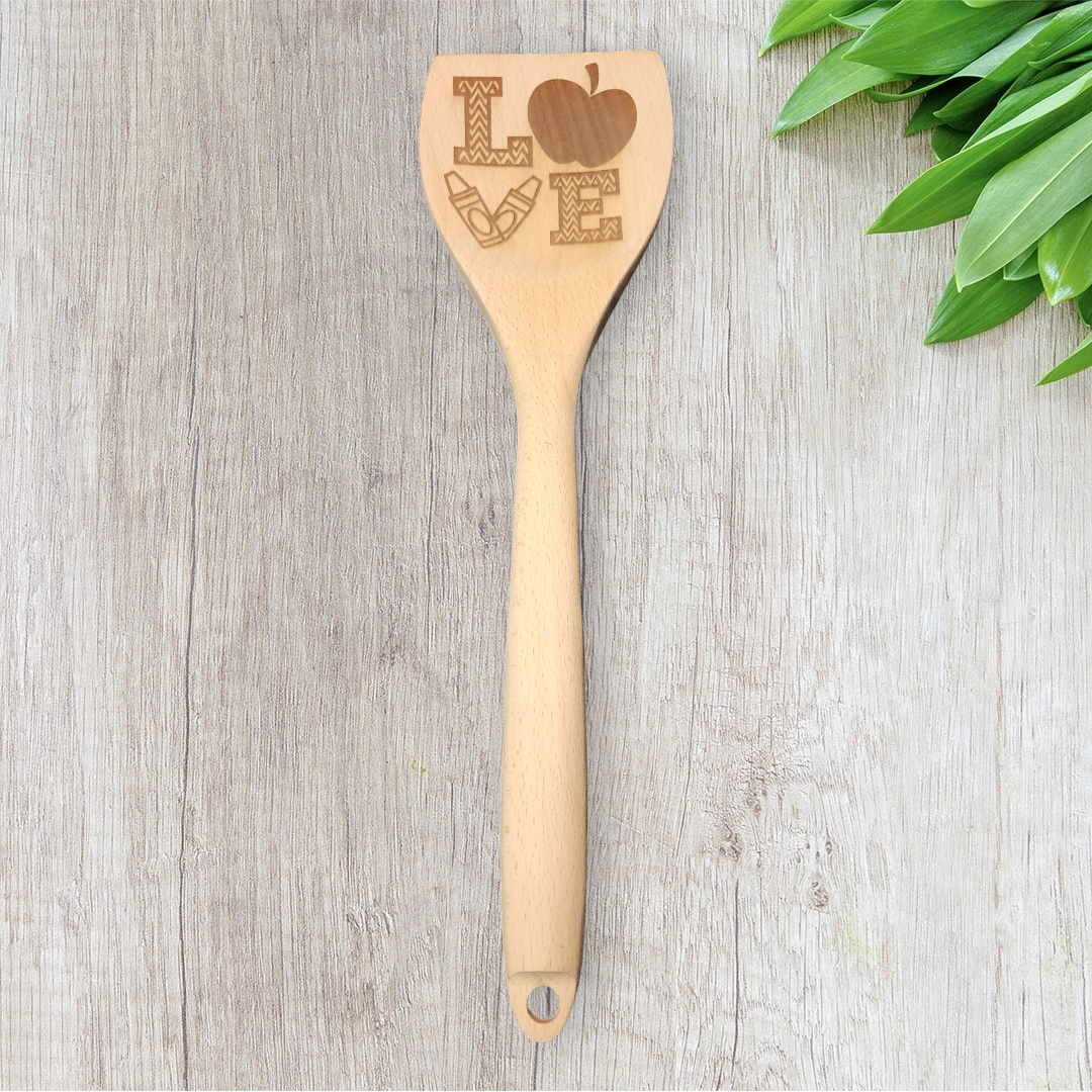 Engraved Wood Cooking Spoons - Teacher Apple Love