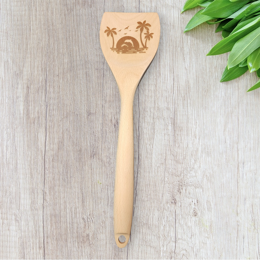 Engraved Wood Cooking Spoons - Tropical Nature - Dolphin Sunset