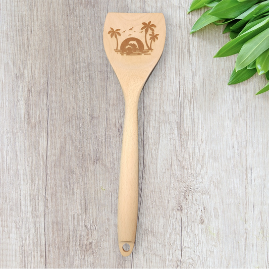 Engraved Wood Cooking Spoons - Tropical Nature - Dolphin Sunset