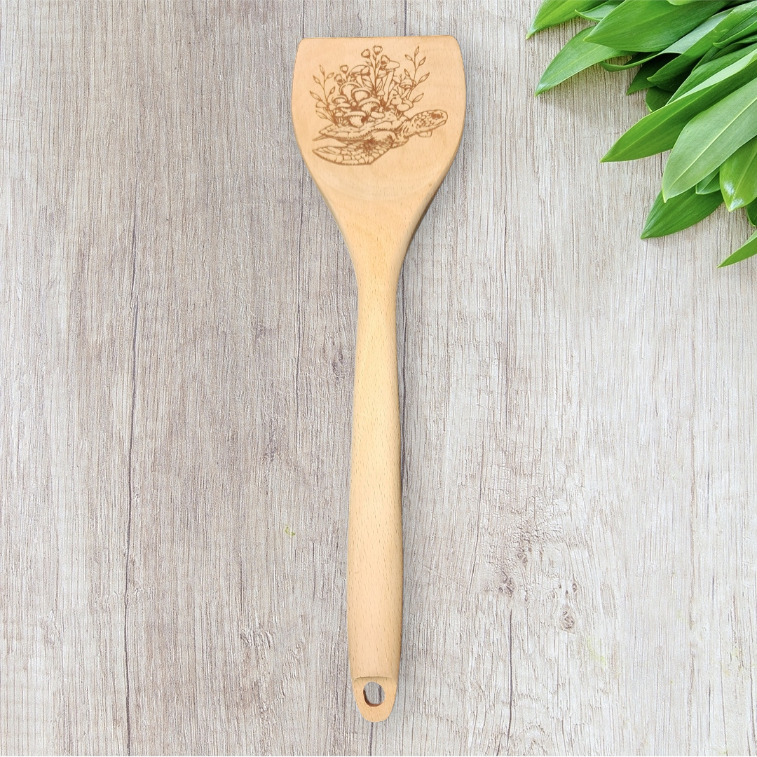 Engraved Wood Cooking Spoons - Tropical Nature - Sea Turtle with Mushrooms on Back