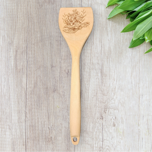 Engraved Wood Cooking Spoons - Tropical Nature - Sea Turtle with Mushrooms on Back