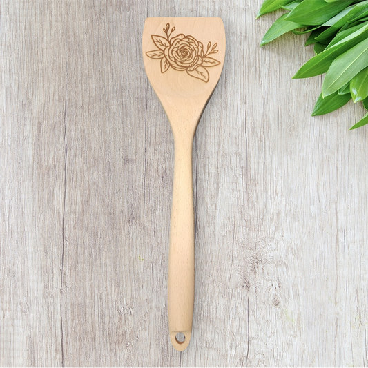 Engraved Wood Cooking Spoons - Flower - Rose