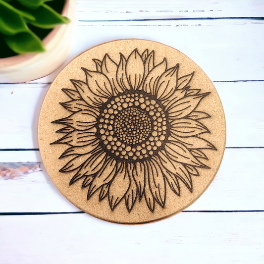 Sunflower - 7 inch Engraved Cork Trivets, Heat Pad, Coaster