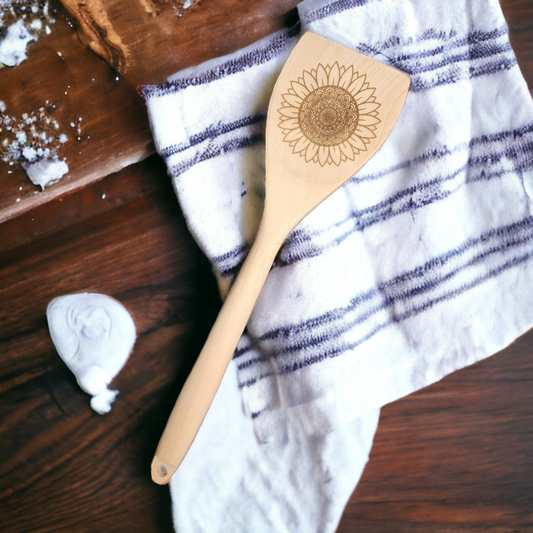Engraved Wood Cooking Spoons - Sunflower Mandala