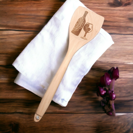Engraved Wood Cooking Spoons - Wine & Glass