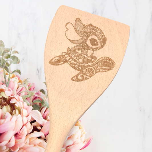 Engraved Wood Cooking Spoons - Tropical, Character - Blue Alien Riding Sea Turtle