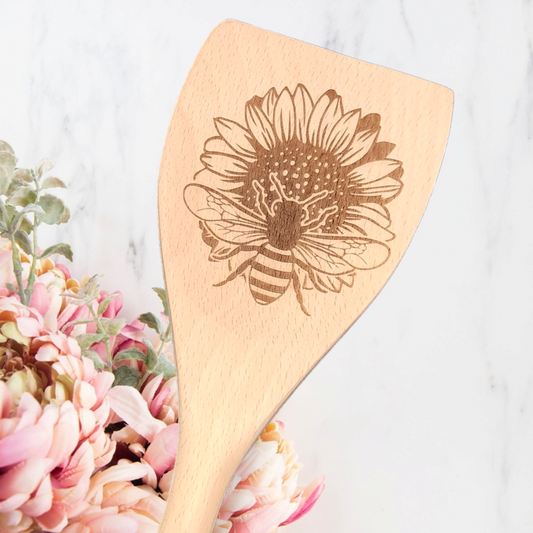 Engraved Wood Cooking Spoons - Bee and Sunflower