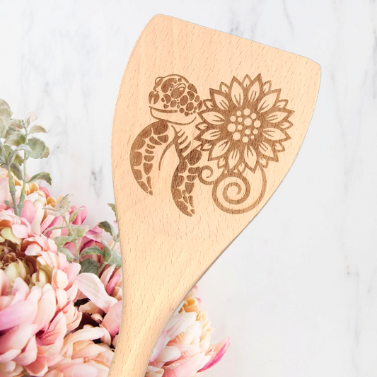 Engraved Wood Cooking Spoons - Tropical - Sea Turtle Sunflower