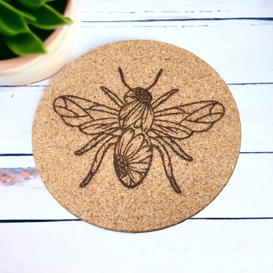 Bee Internal Sunflower - 7 inch Engraved Cork Trivets, Heat Pad, Coaster