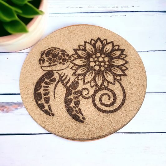 Sea Turtle Sunflower - 7 inch Engraved Cork Trivets, Heat Pad, Coaster